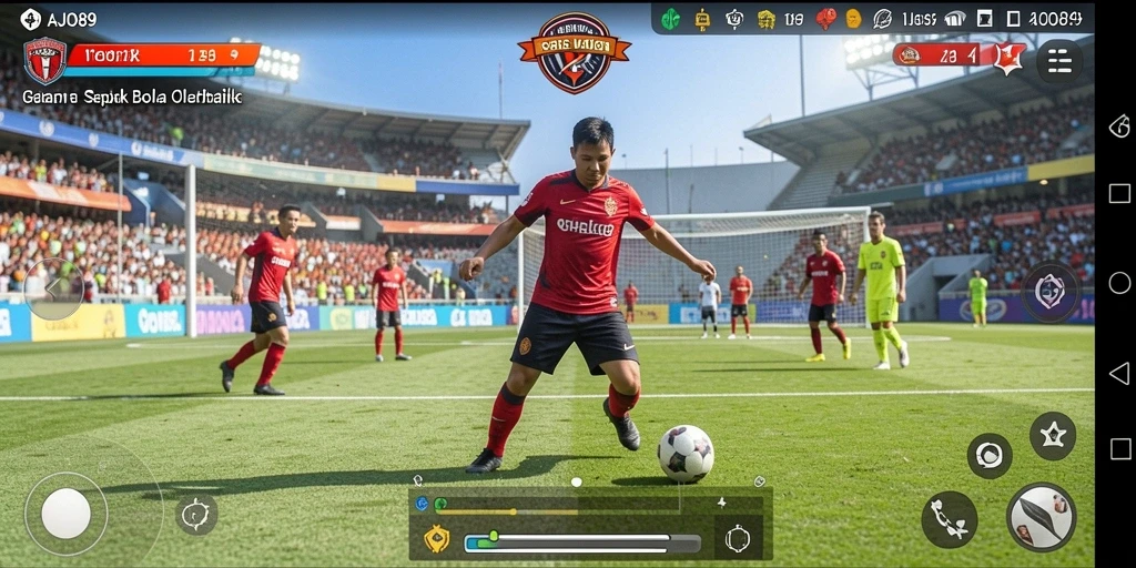 Screenshot AJO89 menampilkan aksi permainan sepak bola yang intens.