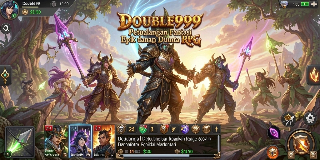 Screenshot gameplay DOUBLE999 yang menampilkan pertarungan epik RPG.