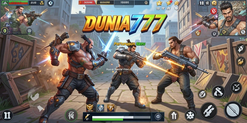 Screenshot permainan DUNIA777 menampilkan aksi Battle Royale yang intens.