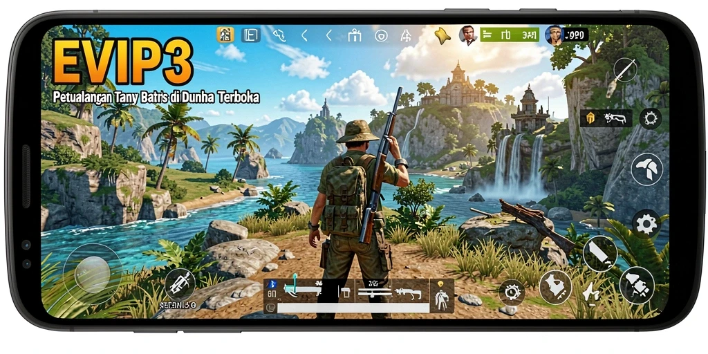 Screenshot utama EVIP3 menampilkan gameplay menjelajahi dunia terbuka.