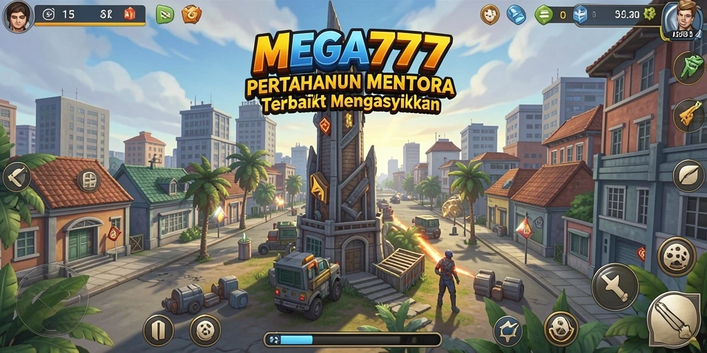 Tampilan gameplay MEGA777 yang intens dan mendebarkan dalam mode Tower Defense.