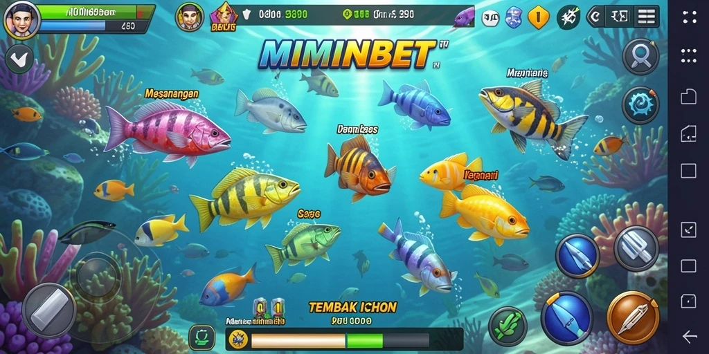 Gameplay seru MIMINBET dengan berbagai ikan yang bisa ditangkap.