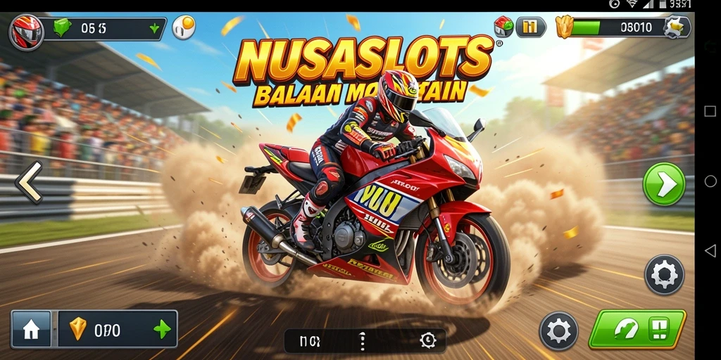 Tampilan gameplay NUSASLOTS menampilkan balapan motor yang mendebarkan.