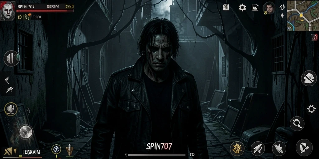 Screenshot utama SPIN707 menunjukkan suasana menegangkan saat menghadapi monster.