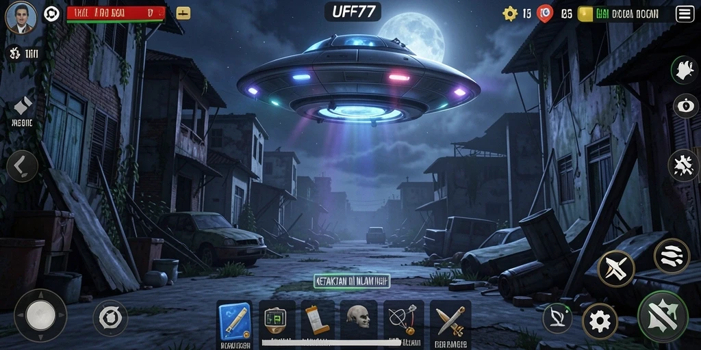 Screenshot menampilkan gameplay menyeramkan dari UFO77 dengan suasana gelap.