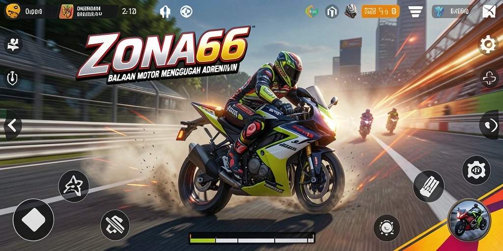 Tampilan gameplay ZONA66 yang mendebarkan dengan balapan motor nyata.